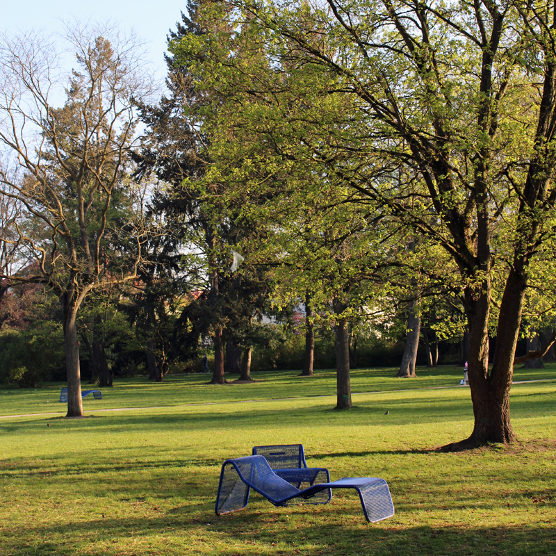 Blaue Liegen auf einer Wiese im Stadtpark Nürnberg